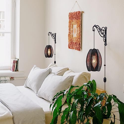 Image of Farmhouse Plug in Wall Lantern Sconces Set of Two,Black Rusti Wall Hanging Lamps Plug in for Bedrooms,Boho Dimmable Haing Wall Mounted Lights for Bedside Bedroom Living Room