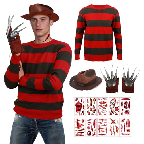 Huraogcos Krüger Pullover Kostüm Maske Handschuh Gestreift Strickpullover Halloween Cosplay Horror Kostüm Erwachsene (L)
