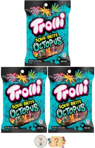 Trolli Gummy Candy - (Pack of 3) Share Size Peg Bags + BONUS Mystery Candy (Sour Brite Octopus)