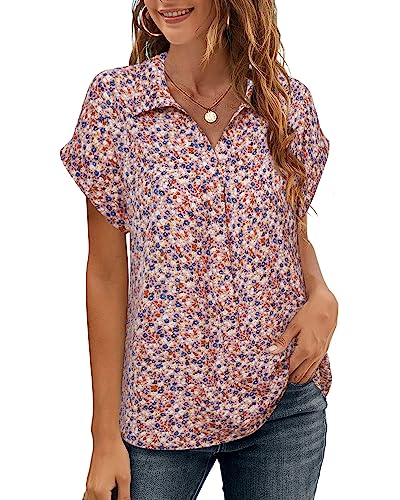 Messic Women's Blouses For Work, Collared V Neck Work Shirts For Women Short Sleeve Business Casual Tops Women Professional Work Clothes Loose Fit Summer Chiffon Tunics Tops Silk Pink Blue Large #TOP4