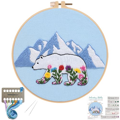 Image of Louise Maelys Glacial Polar Bear and Flowers Embroidery Kit DIY Craft | Pre-Printed Fabric, Hoop, Threads, Needles & Guide for DIY Needlepoint Kit and Cross Stitch Starter Kit for Adults