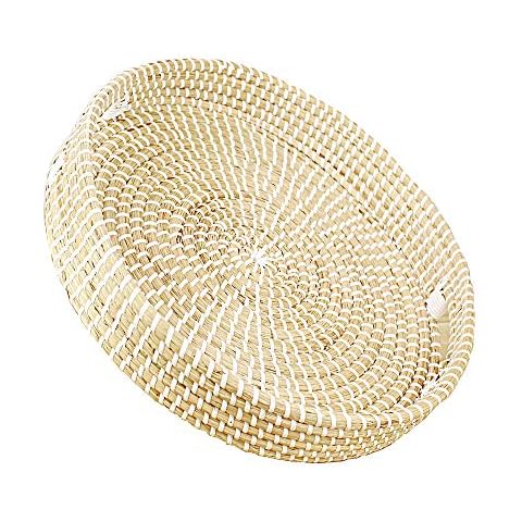 Natural Seagrass Woven Round Serving Tray with Handles Coffee Table Tray Hand Woven Storage Basket for Fruit, Tea, Bread, Breakfast, Drinks, Snack Woven Tray (White Round Tray) Cover