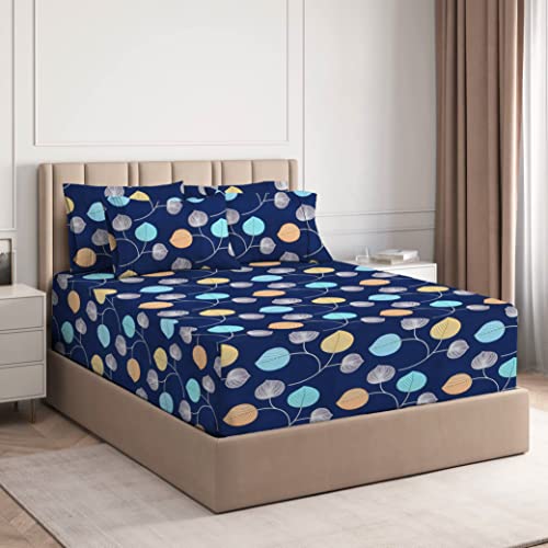 Image of BSB Home Premium Cotton Elastic Fitted Bedsheets with 2 King Size Pillow Covers | Double Bed with All Around Elastic 180 TC Supersoft | (72 inchx78 inch,Blue & Yellow)