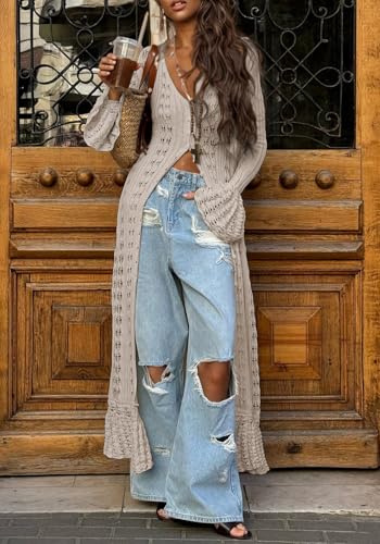Image of Unybwonn Long Cardigans for Women Crochet Hollow Out Knit Sweater Cover up Maxi Dress Long Sleeve Button Down Cardigan