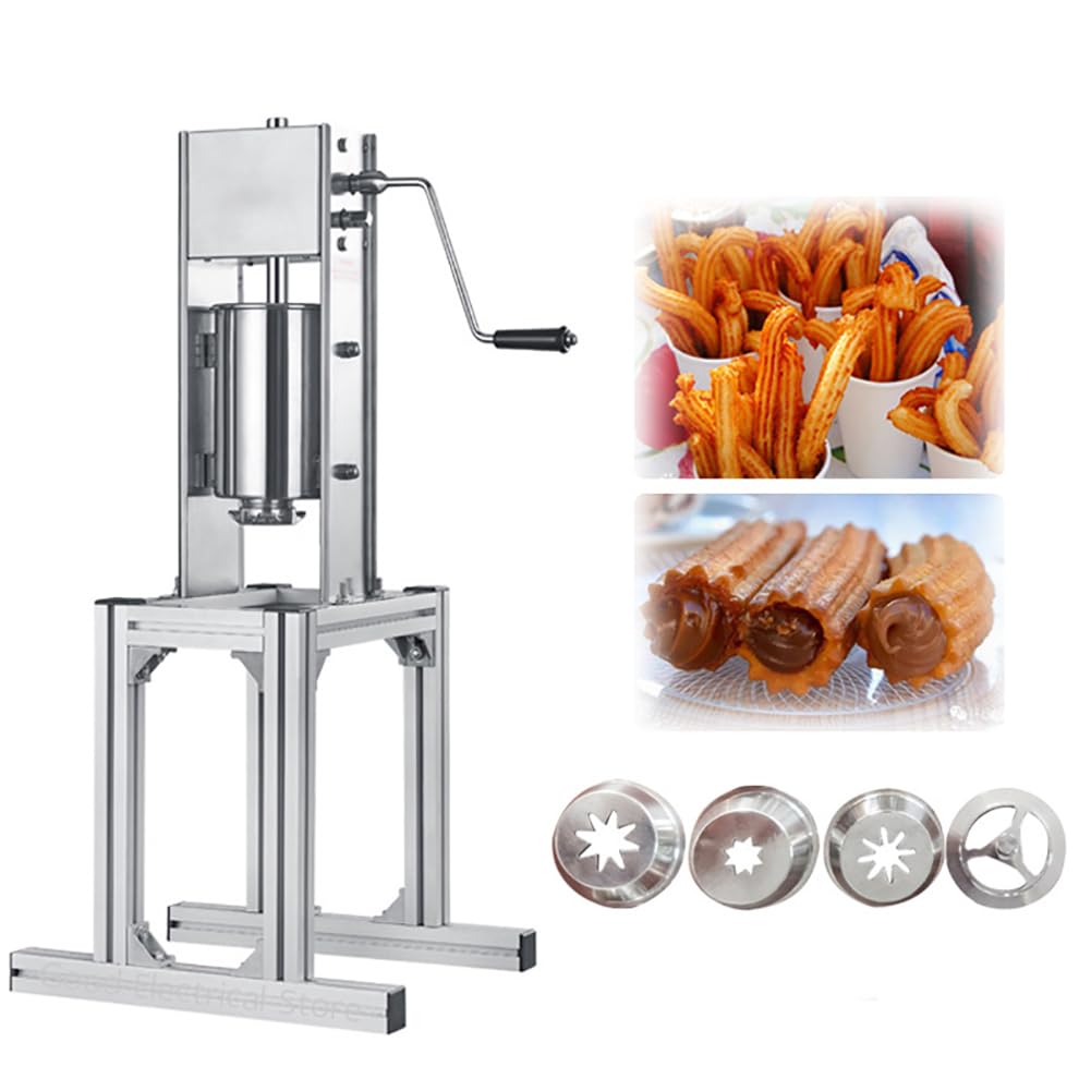 Machine à churros manuelle commerciale avec support, machine à churros à beignets espagnole verticale de 5 L avec 5 types de moules, équipement de collation en acier inoxydable pour un usage