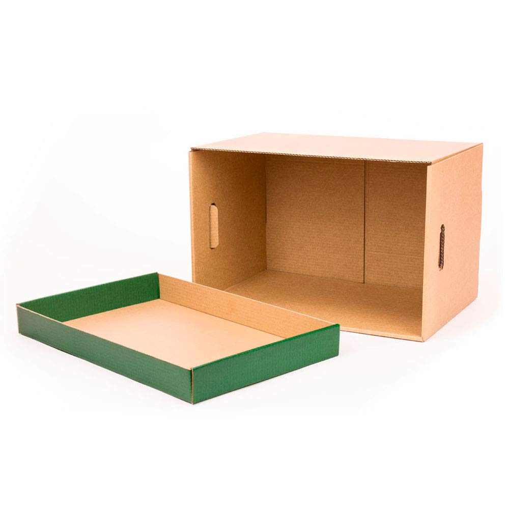 ONLY BOXES, Aufbewahrungsboxen mit grünem Deckel, Umzugskartons und Aufbewahrungsboxen aus Karton mit Griffen, sehr stabiler Karton, 53,2 x 33,1 x 32,5 cm (L x B x H) in cm, 2 Stück