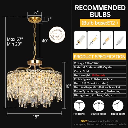 Image of Modern 18 inch 6-Lights Modern Gold Crystal Chandeliers for Dining Room