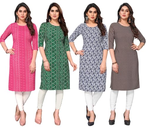 Image of JAKHANA Women's Crepe Printed Casual Straight Calf Length Round Nick Kurta Pack of 4