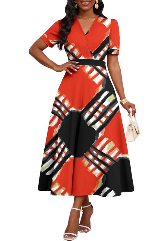 Image of MarryUP Women's Midi Dresses - V Neck Cocktail & Church Tea Dresses - Short Sleeve A-Line Swing Dress
