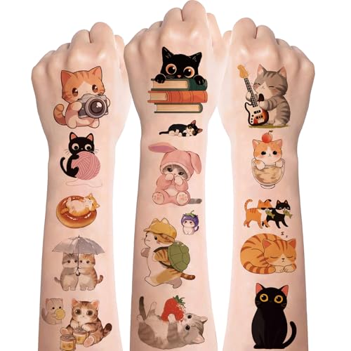 Katzen Tattoos für Kinder,10 Blatt Niedlich Katze Kindertattoos,Hautfreundlich Temporäre Kinder Tattoo Jungs,Klebetattoos Mädchen Sticker für Tier Thema Kindergeburtstag Mitgebsel Party Favors