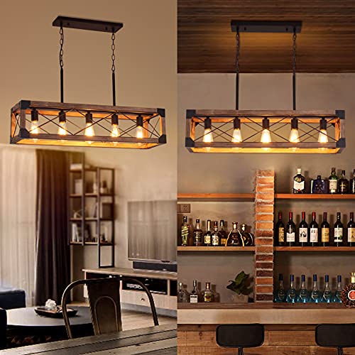 Airposta Kitchen Island Lighting, 33.5-Inch 5 Lights Farmhouse Linear Chandelier for Dining Room Pool Table Pendant Light Fixture, Rustic Wood Grain Finish, Industrial Pendant Light by Airposta - Image 3