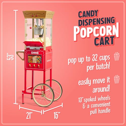 Nostalgia Vintage 8 Ounce Professional Popcorn Cart Makes Up to 32 Cups, Three Storage Candy & Kernel Dispenser Also for Nuts, Chocolate, Measuring Spoons and Scoop Included, Red