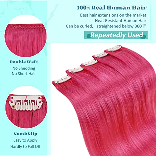 RUNATURE Pink Hair Extensions Clip in Hair Extensions Real Human Hair Hotpink Clip in Hair Extension 16Inch 25g 5pcs - Image 4