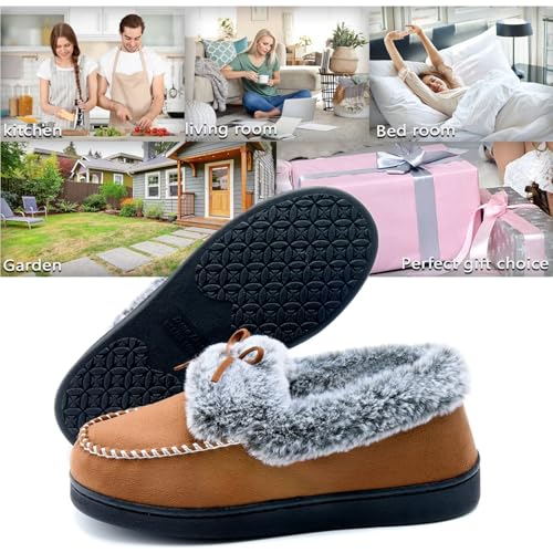 Image of DL Womens Fuzzy Warm Moccasin Slippers Memory Foam, Soft Fluffy Women's Winter House Slipper Closed Back Fur Lined, Cozy Ladies Suede Indoor Bedroom Houseshoes Non-Slip
