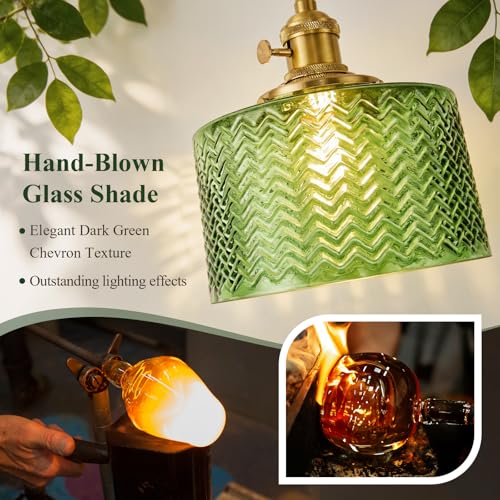 Image of Green Glass Pendant Lights Kitchen Island Lighting | Modern Gold Ribbed Pendant Lighting Adjustable Farmhouse Chandelier Haning Light for Dining Room Bedroom Hallway Entryway