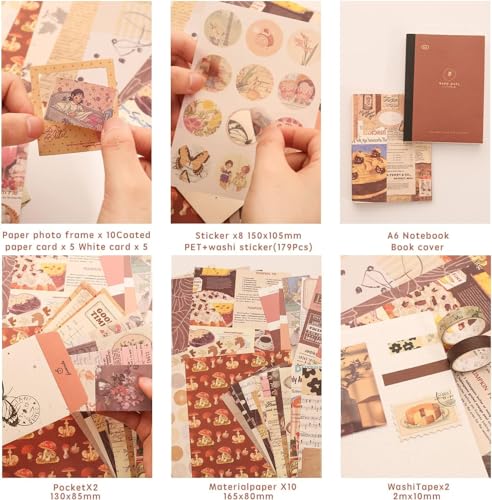 Image of GDNK Scrape Book Kit Scrapbooking Kit Vintage Journal Scrapbook Pack DIY Paper Stickers, Craft Kits Notebook, Collage Album Aesthetic Sticker Journaling Scrapbook Photo Album (Brown)