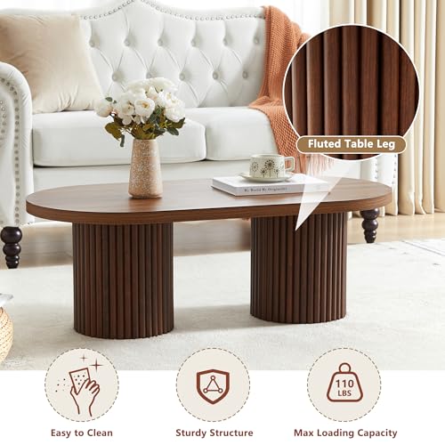 Image of Oval Fluted Coffee Table for Living Room, Modern Small Coffee Table,Walnut | Mid Century Modern Coffee Table with Fluted Legs, Wooden Center Table for Home Office Cafe, Vintage, 39.38 inch x 19.69 inch x 13.78 inch