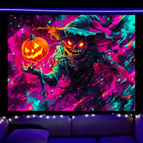 Image of Nuxovilar Spooky Scarecrow Wall Tapestry Polyester 59.05x39.37 In | Glow Poster Trippy Art Horror Decor UV Backdrop Living Room Bedroom Lounge Space Room (Flaming Pumpkin Scene)