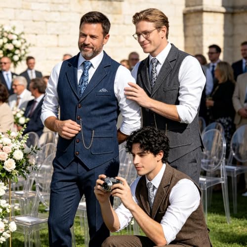Image of maxToonrain Mens Classic Tweed Suit Vest Casual Sleeveless Herringbone Vest for Tuxedo