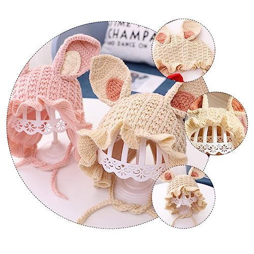 VICASKY Knitted Yarn Hat with Rabbit Ears Adjustable Lacing Thick Warm Beanie for Months to Years Breathable Thermal Winter Bonnet with Lotus Leaf Edge Beige4