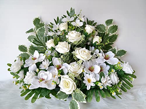 roselynexpress Composition De Fleurs Artificielles Lesté Ciment pour Une Parfaite Tenue à L' extérieur Réalisé par nos Soins, Fleurs de qualité.