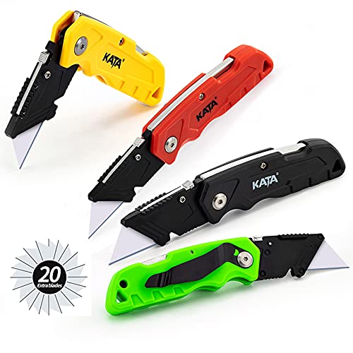 KATA 4-PACK Folding Utility Knife, Heavy Duty Box Cutter with 20pcs SK5 Quick Change Blades,Safety Lock Back Design, Used for Cutting Cartons,Cardboards and Boxes