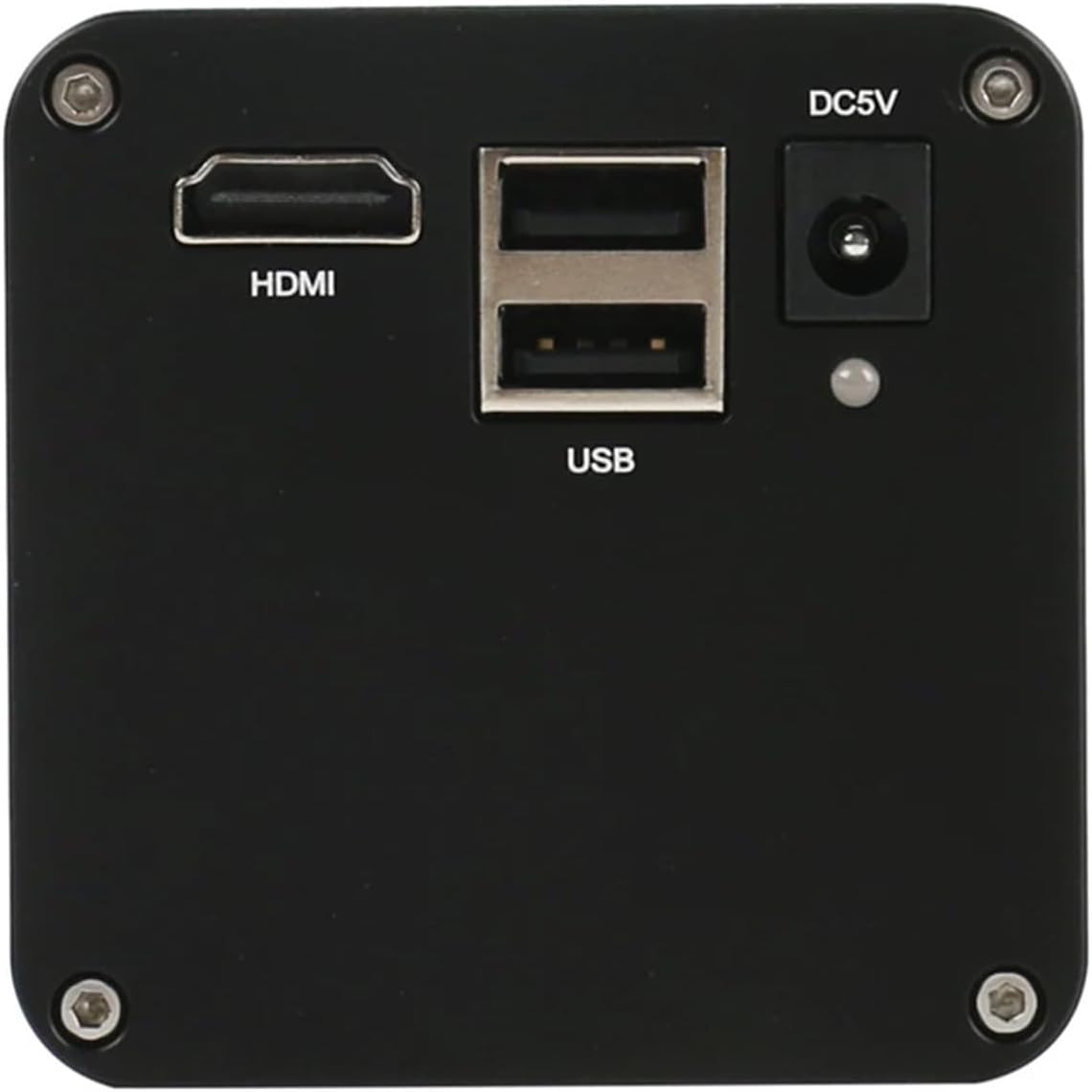 Microscope camera with labels for HDMI, USB Drive, 5V Power Supply, and USB Mouse interfaces