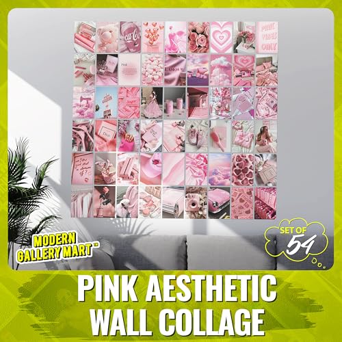 Image of MODERN GALLERY MART Pack of 54 Pink Aesthetic Wall Collage Kit Posters - 4 x 6 Inches Posters for Wall Decoration - Wall Art For Bedroom, Office, Living room, Dorm room - Glue Dots Include