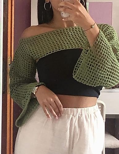 Aimiray Camiseta corta de ganchillo de malla sexy para mujer, con huecos, para playa, transparente, de manga larga, Y2K, Verde, L