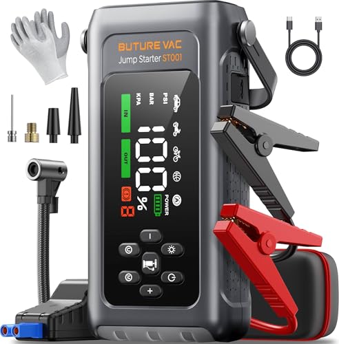 Car Battery Jump Starter with Air Compressor 4500A 150PSI, All-in-1 Jump Box (9L Gas and 8L Diesel) Jumper Starter Portable Jumper Pack Battery Charger with Jumper Cables, Gloves, Lights