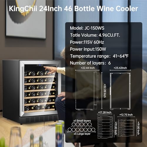 Image of KingChii 24 Inch 46 Bottle Wine Cooler Refrigerator Professional Compressor, Stainless Steel & Tempered Glass For Red Wine, Champagne - Built-in or Freestanding for Home, Kitchen, or Office
