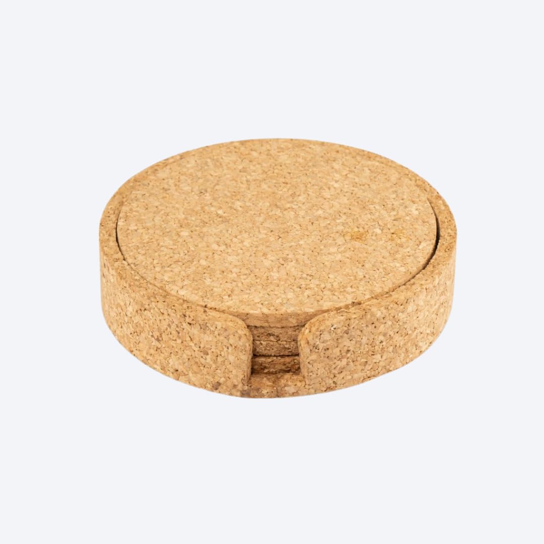 Kavi Round Cork Coasters with Stand, Set of 4, 4in Dia, Natural Brown | 5mm Thick, Water Absorbent, Heat Resistant-image-10