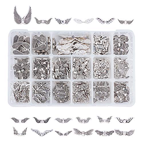 PandaHall Elite About 270 Pcs Tibetan Alloy Angel Wing Charm Spacer Beads 18 Styles for Jewelry Making Antique Silver