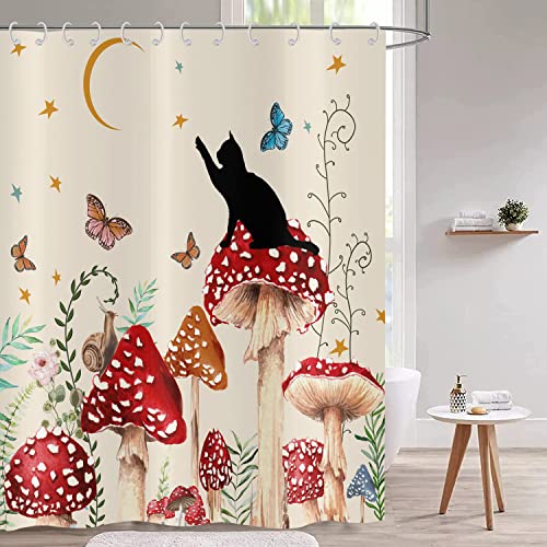Hnmdmyi Mushroom Shower Curtain 180x180, Retro Boho Floral Butterfly Moon Stars Black Cat Wildflowers Green Plant Beige Aesthetic Bathroom Curtains Waterproof Polyester Fabric Washable Bath Curtains - Image 3