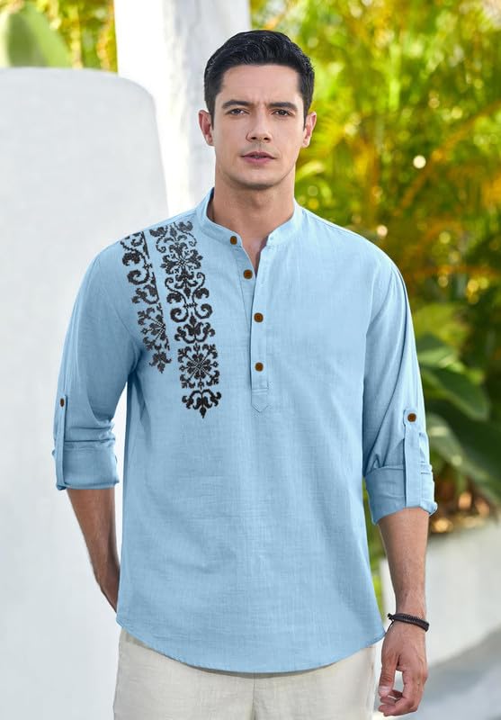 Image of Macsivo Cotton Blend Solid Casual Short Kurta for Men Long Sleeve Mandarin Collar Stylish Shirt Kurta for Men