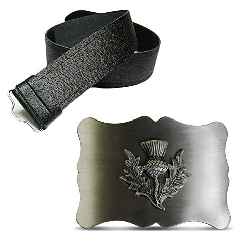 The Scotland Kilt Company Men's Grained Leather Kilt Belt in Black and Antique Thistle Buckle - Scottish Outfit Accessory - Large (36-46 In) Cover