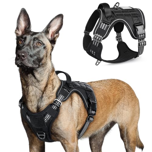 rabbitgoo Tactical Dog Harness No Pull for Large Dogs, Military Dog Vest with Handle & Molle, Easy Control Service Dog Harness for Dogs Training Walking, Adjustable Reflective Pet Harness, Black, L