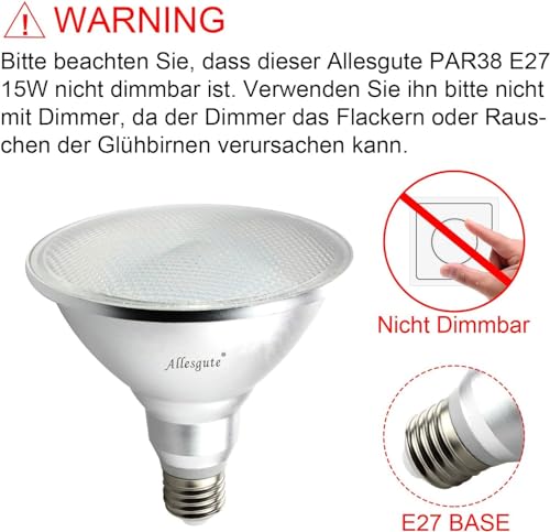 Allesgute 15W E27 LED PAR38 Spot Reflektor Strahler Licht Leuchtmittel Warmweiss 1400 Lumen Birne Eqv. to 150w Halogen Lampen, 2-Stück