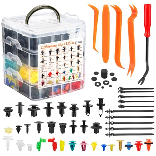 Auto Halteklammern & Befestigungen Kit - 32 Universalgrößen Nylon Stoßstange Kotflügelnieten Türverkleidungsclips und Kunststoffnieten mit 10 Kabelbindern und Entfernungswerkzeug für Toyota Ford