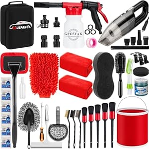 GPUSFAK 46Pcs Car Wash Cleaning Kit with Foam Gun Sprayer Detailing Brushes Car Vacuum Collapsible Bucket Windshield Cleaning Tool Tire Brush Towels Complete Interior Exterior Detailing Set for Car
