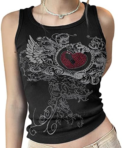 Meladyan Women Heart Rhinestone Graphic Print Sleeveless Crop Tank Ribbed Fairy Grunge 90s E-Girl Goth Vest Shirt Top