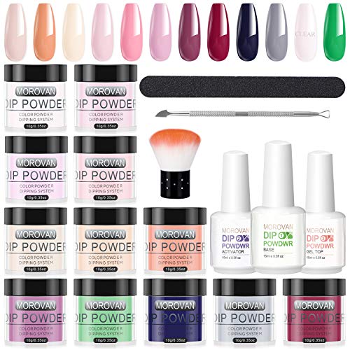 Morovan Dip Powder Nail Kit for Starter - 12 Colors Dip Nail Powder with Base Top Coat Activator Nail Manicure Tools Set - Nail Dip Powder Kit for French Nail Style No Lamp Needed