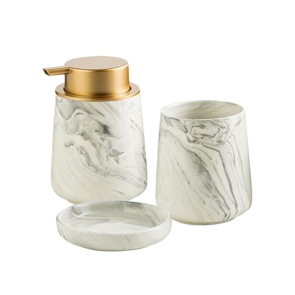 Juego de Accesorios de baño de 3 Piezas: dispensador de jabón espumoso de cerámica con decoración de mármol rústico, Soporte for Espuma y Cepillo de Dientes/Vaso, Bandeja.(Gray)