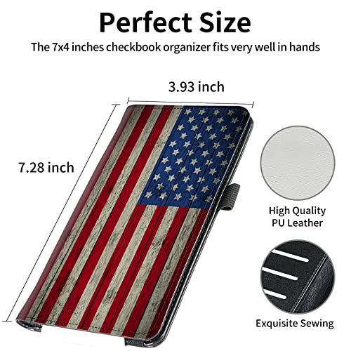 Image of FUYOCWE Leather Checkbook Covers for Men Women Check book Holder Cover Wallets for Personal Checkbook Duplicate Checks with RFID Blocking & Elastic Strap-Retro American Flag