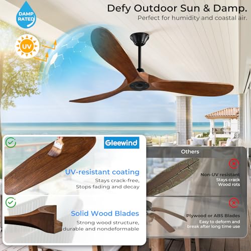 Image of Outdoor Ceiling Fan No Light for Patios, 52 inch Ceiling Fans Without Lights with Smart App and Remote Control, Wet Rated 3 Blades Wood Propeller Modern Fan for Exterior Outside, High CFM, Walnut