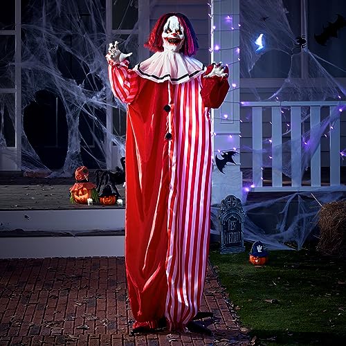 Image of JOYIN 67 inch Halloween Decorations Outdoor, Scary Animatronics Clown Decor Clearance with LED Eyes and Creepy Sound, Life Size Animated for Haunted House Lawn Yard Patio