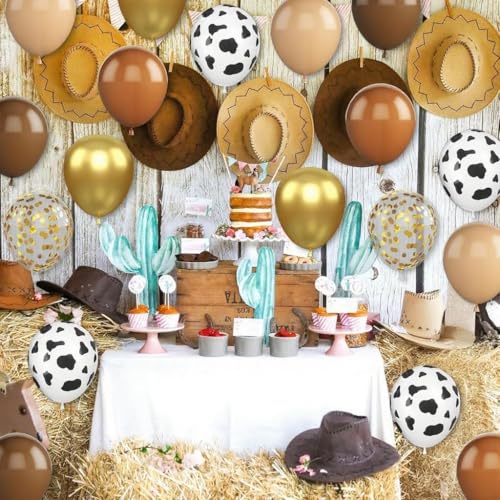 Image of Western Cowboy Balloons, 30Pcs 12inch Brown Nude Gold Confetti Balloon With Cow Print Latex Sky Cloud Balloons for Farmhouse Cowboy Western Baby Shower Boys Girls Birthday Party Decorations