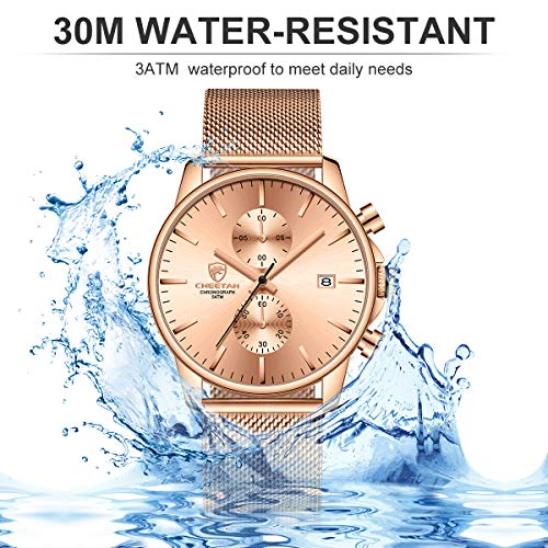 GOLDEN HOUR Mens Watch Fashion Sleek Minimalist Quartz Analog Mesh Stainless Steel Waterproof Chronograph Watches for Men with Auto Date