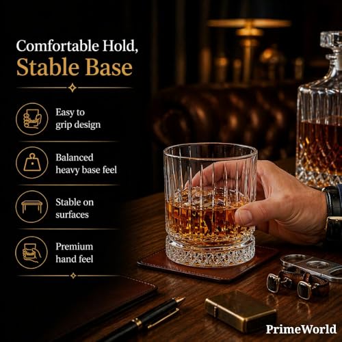 Image of PrimeWorld Timeless European Crystal Whiskey Glasses Set of 6 pcs- 300 ml Bar Glass for Drinking Bourbon, Whisky, Scotch, Cocktails, Cognac- Old Fashioned Cocktail Tumblers