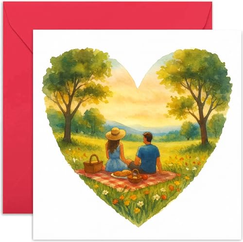 Süße Hochzeitstagskarte für Paare, herzförmiges Kunstwerk, Picknick-Design, quadratische Karte, innen blanko, mit Umschlag